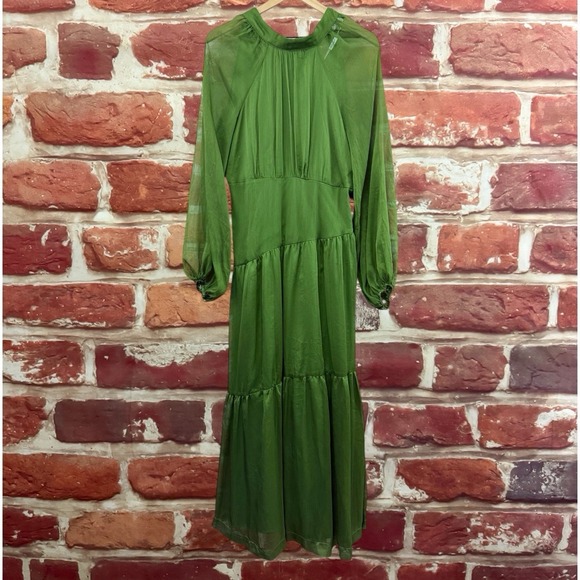 Petal & Pup Dress Womens L Olive Green Chiffon Sleeve Tiered Maxi Peasant Sleeve - Picture 7 of 9